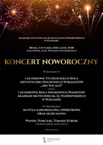 Afisz zawiera informacje na temat koncertu noworocznego koła Ars Vocalis