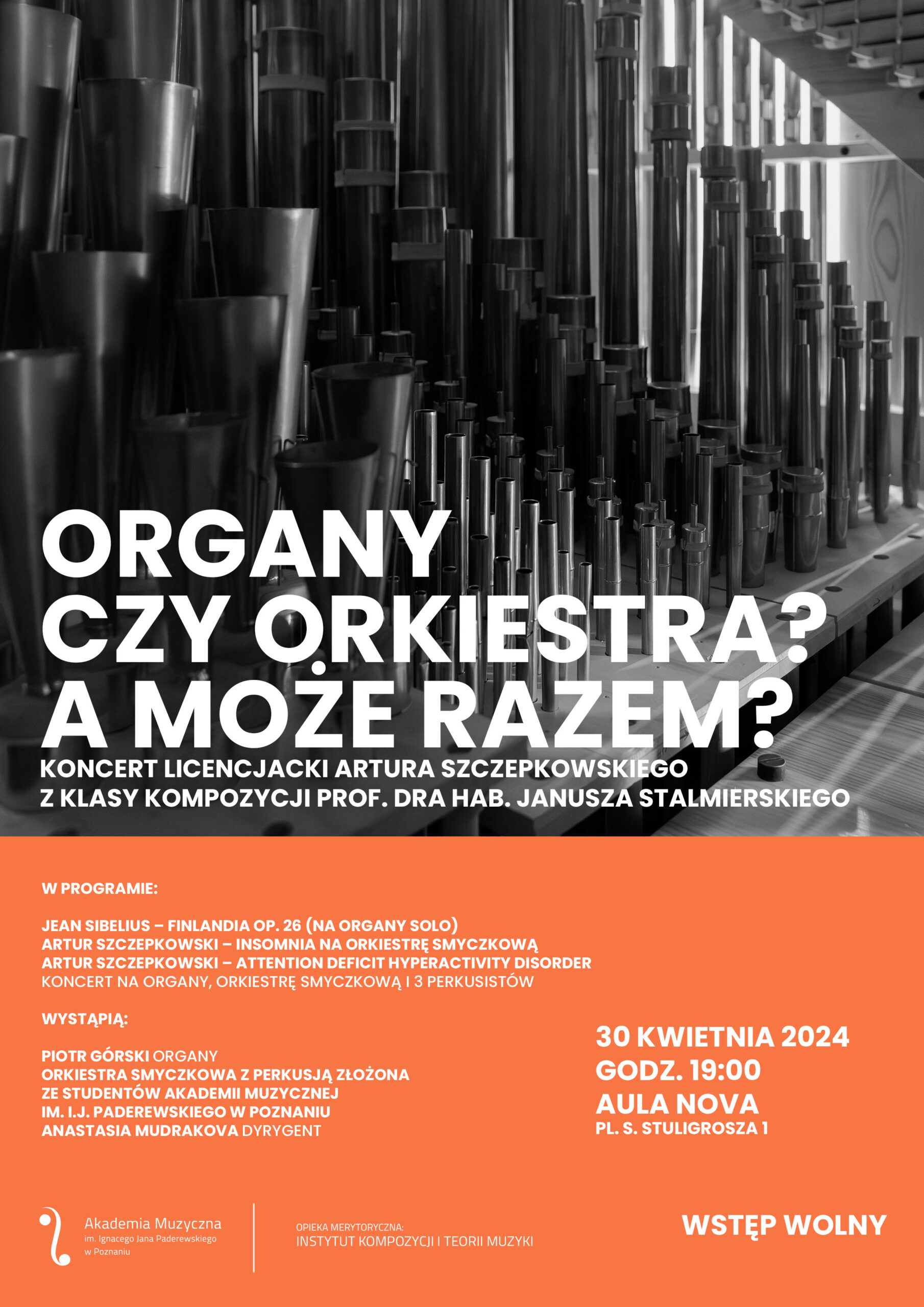 Afisz zawiera informacje na temat koncertu - recitalu dyplomowego Artura Szczepkowskiego w dniu 30 kwietnia 2024
