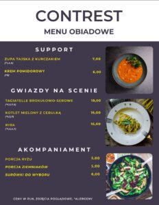 Menu obiadowe z ilustracjami posiłków może zachęcać do przyjścia do Bufetu Akademii