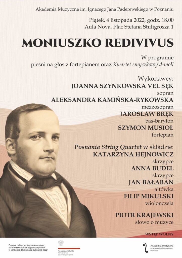 Plakat w podobizną Stanisława Moniuszki i programem koncectu specjalnego - na falującym pastelowym tle znajdują się nazwiska wykonawców