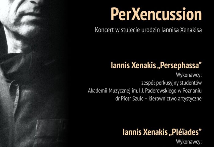 Czarny afisz zawiera zdjęcie kompozytora Iannisa Xenakisa i informacje organizacyjne na temat planowanego koncertu