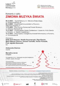 Biały afisz zawiera informacje na temat koncertów w ramach cyklu Zimowa muzyka świata