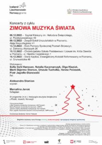 BIały afisz zawiera informacje na temat koncertów w ramach cyklu Zimowa muzyka świata