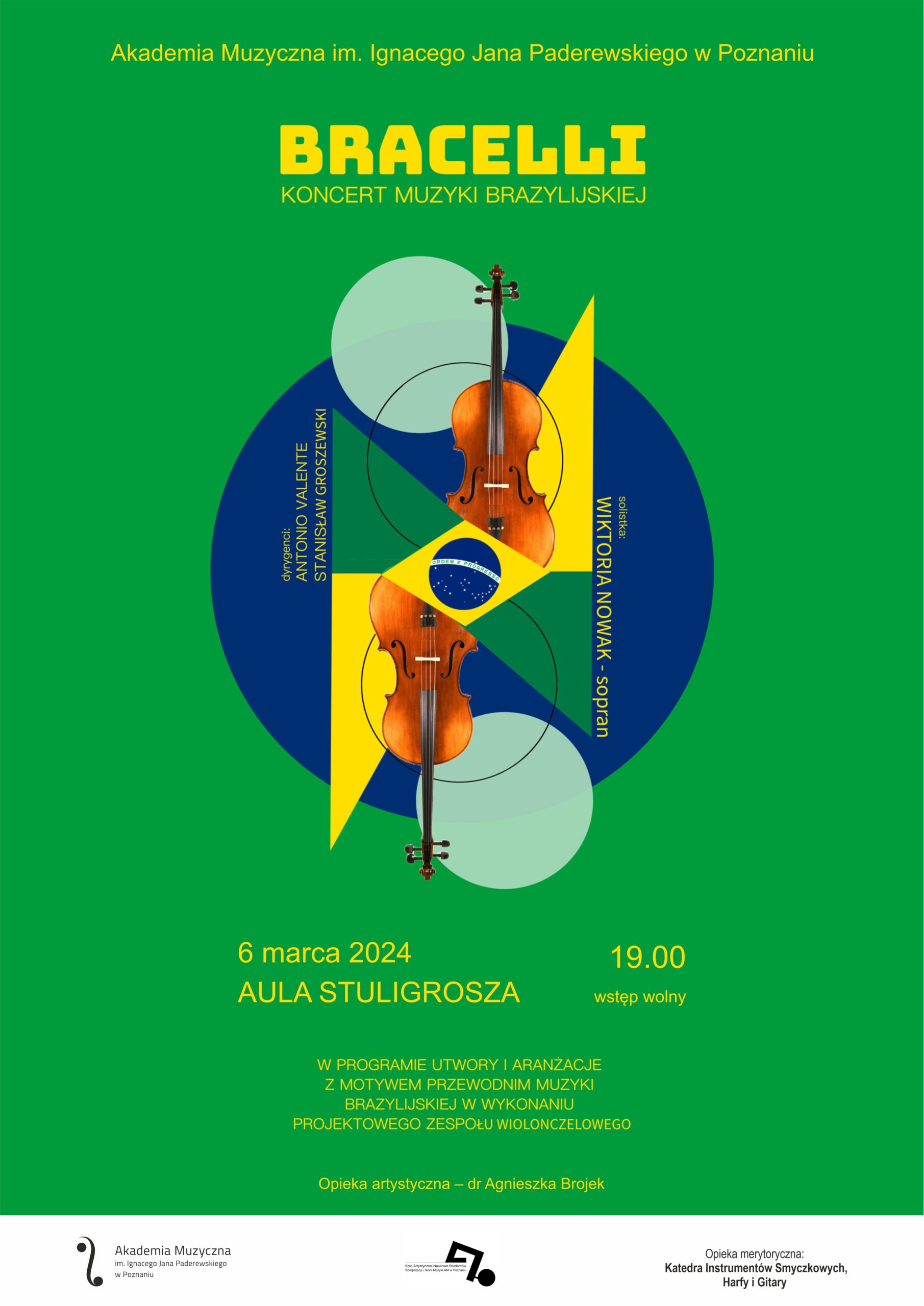 Afisz zawiera informacje na temat koncertu pt. Bracelli z muzyką brazylijską w dniu 6 marca 2024