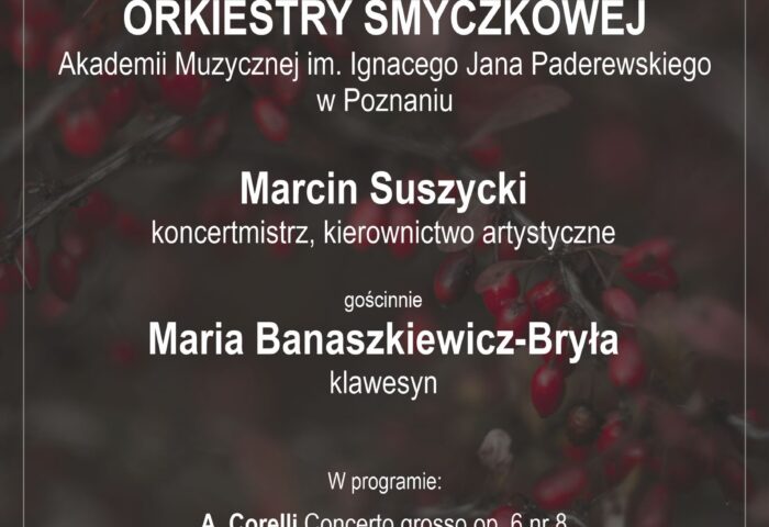Plakat zawiera informacje na temat koncertu Kameralnej Orkiestry Smyczkowej w dniu 7 listopada