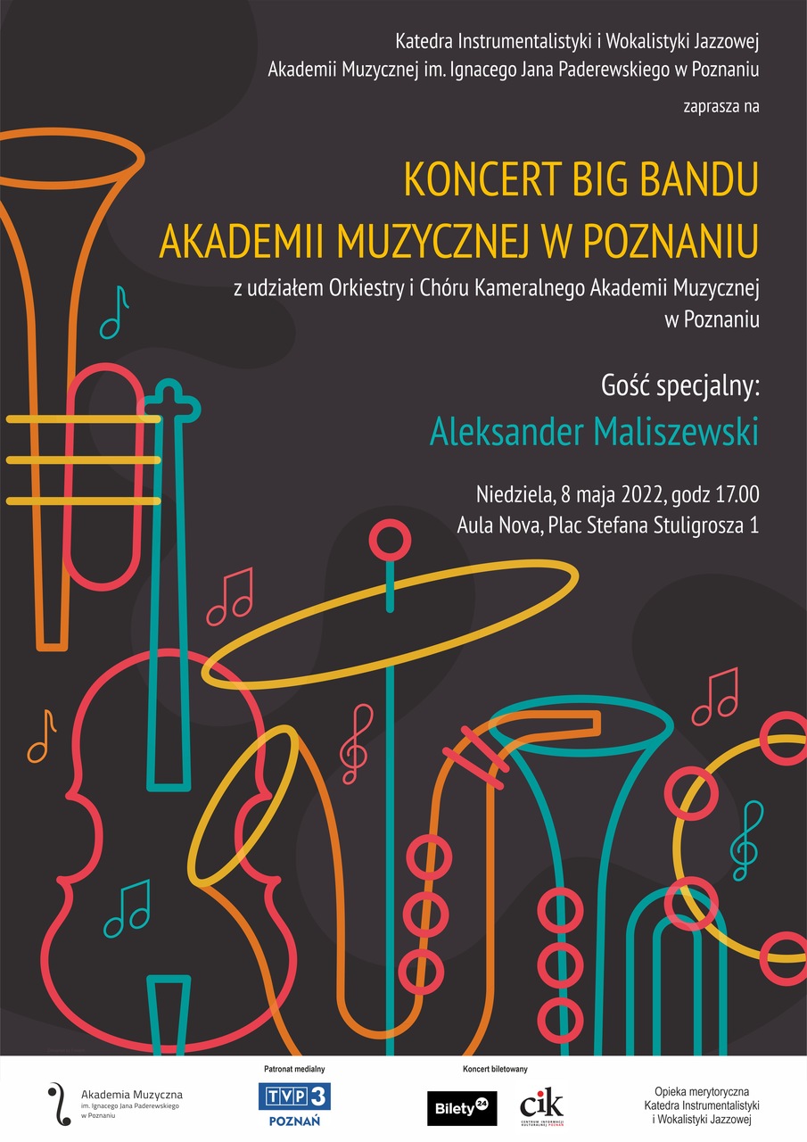 Afisz może zachęcać do przyjścia na koncert z udziałem Bbig Bandu Akademii z udziałem gościa specjalnego Andrzeja Maliszewskiego