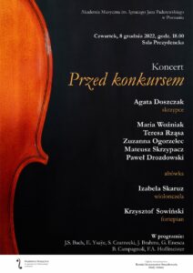 Czarny plakat z ilustracją boku skrzypiec i informacje na temat koncertu 8 grudnia 2022
