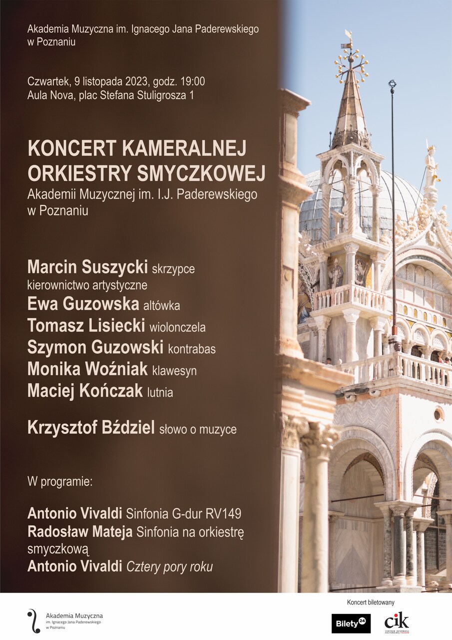 Afisz zawiera informacje na temat koncertu Kameralnej Orkiestry Smyczkowej Akademii Muzycznej