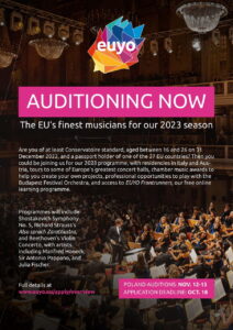 Kolorowy plakat zawiera informacje o przesłuchaniach do European Union Youth Orchestra
