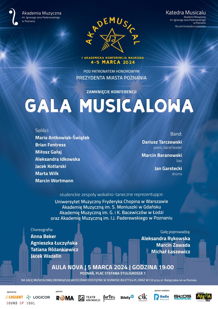 Afisz zawiera informacje na temat Gali Musicalowej realizowanej w ramach konferencji Akademusical w dniach 3-5 marca 2024