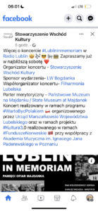 Lublin in memoriam — pamięci ofiar Majdanka — działania promocyjne Stowarzyszenia Wschód Kultury w mediach społecznościowych odnośnie do organizacji koncertu w dniu 17 czerwca 2023 r.