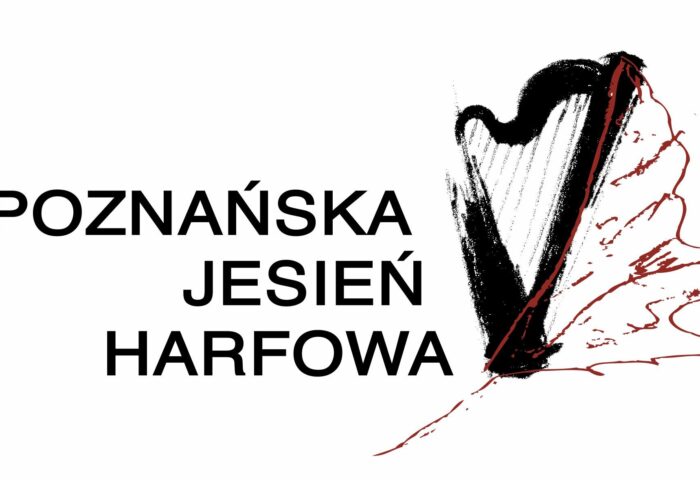 Czarno-białe logo przedstawia szkic harfy i tytuł wydarzenia - Poznańska Jesień Harfowa