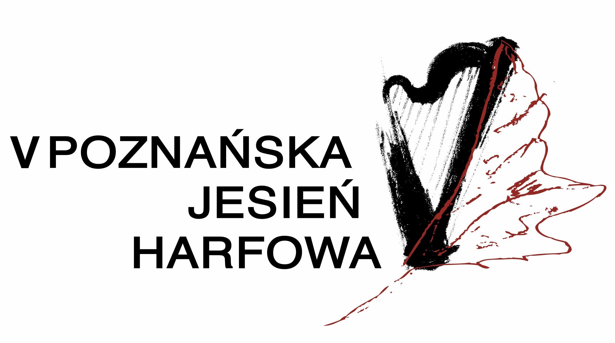 Czarno-białe logo przedstawia szkic harfy i tytuł wydarzenia - Poznańska Jesień Harfowa