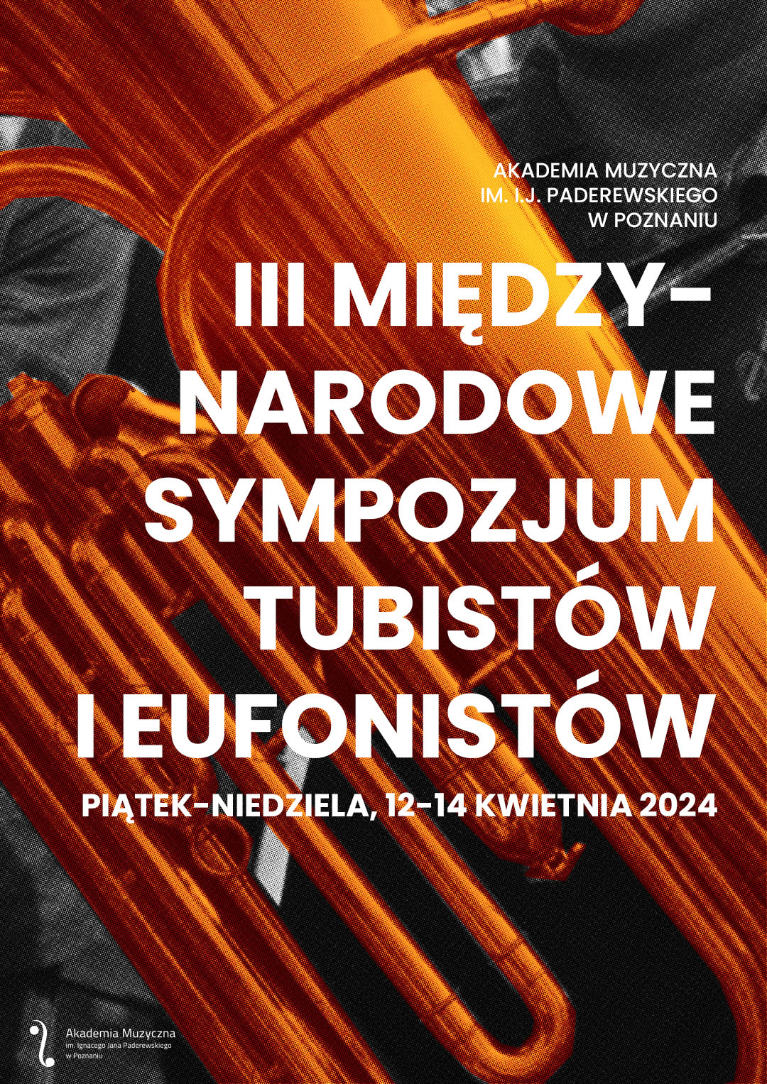 Afisz zawiera informacje na temat Międzynarodowego Sympozjum Tubistów i Eufonistów w kwietniu 2024