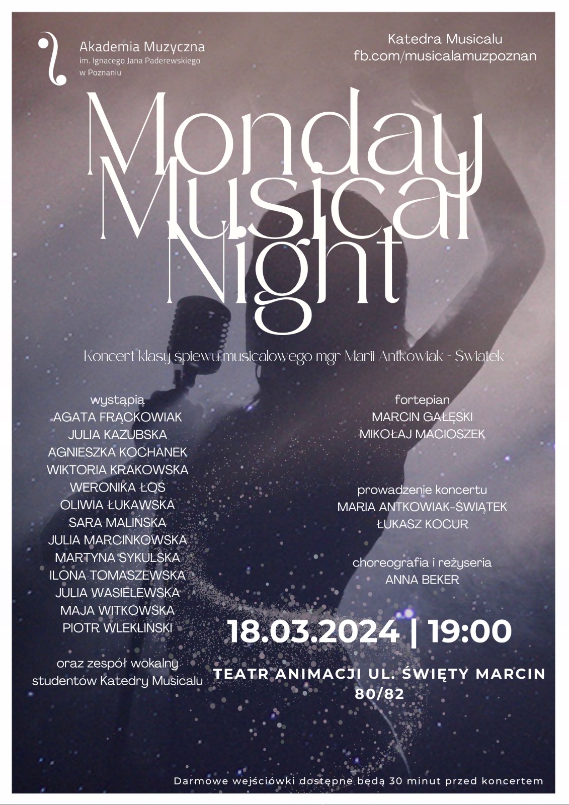 Plakat zawiera informacje na temat koncertu pt. Monday Musical Night w dniu 18 marca 2024