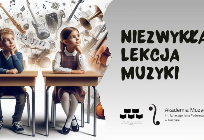 Baner zawiera informacje na temat Niezwykłych Lekcji Muzyki, które Instytut Edukacji Artystycznej przeprowadzi we wrześniu 2024 - na zdjęciu widać dzieci w ławce, a za nimi w chmurze instrumenty muzyczne