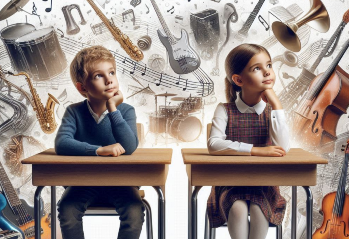 Plakat zawiera informacje na temat Niezwykłych Lekcji Muzyki, które Instytut Edukacji Artystycznej przeprowadzi we wrześniu 2024 - na zdjęciu widać dzieci w ławce, a za nimi w chmurze instrumenty muzyczne