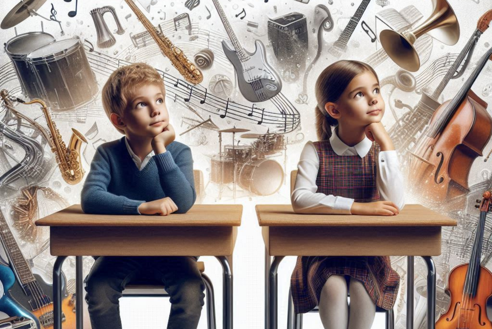 Plakat zawiera informacje na temat Niezwykłych Lekcji Muzyki, które Instytut Edukacji Artystycznej przeprowadzi we wrześniu 2024 - na zdjęciu widać dzieci w ławce, a za nimi w chmurze instrumenty muzyczne