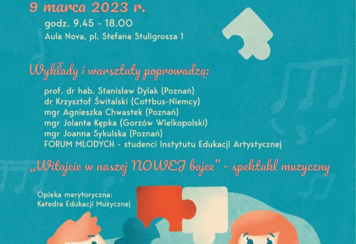 Turkusowy plakat zawiera informacje na temat Konferencji Nowoczesne Metody Edukacji