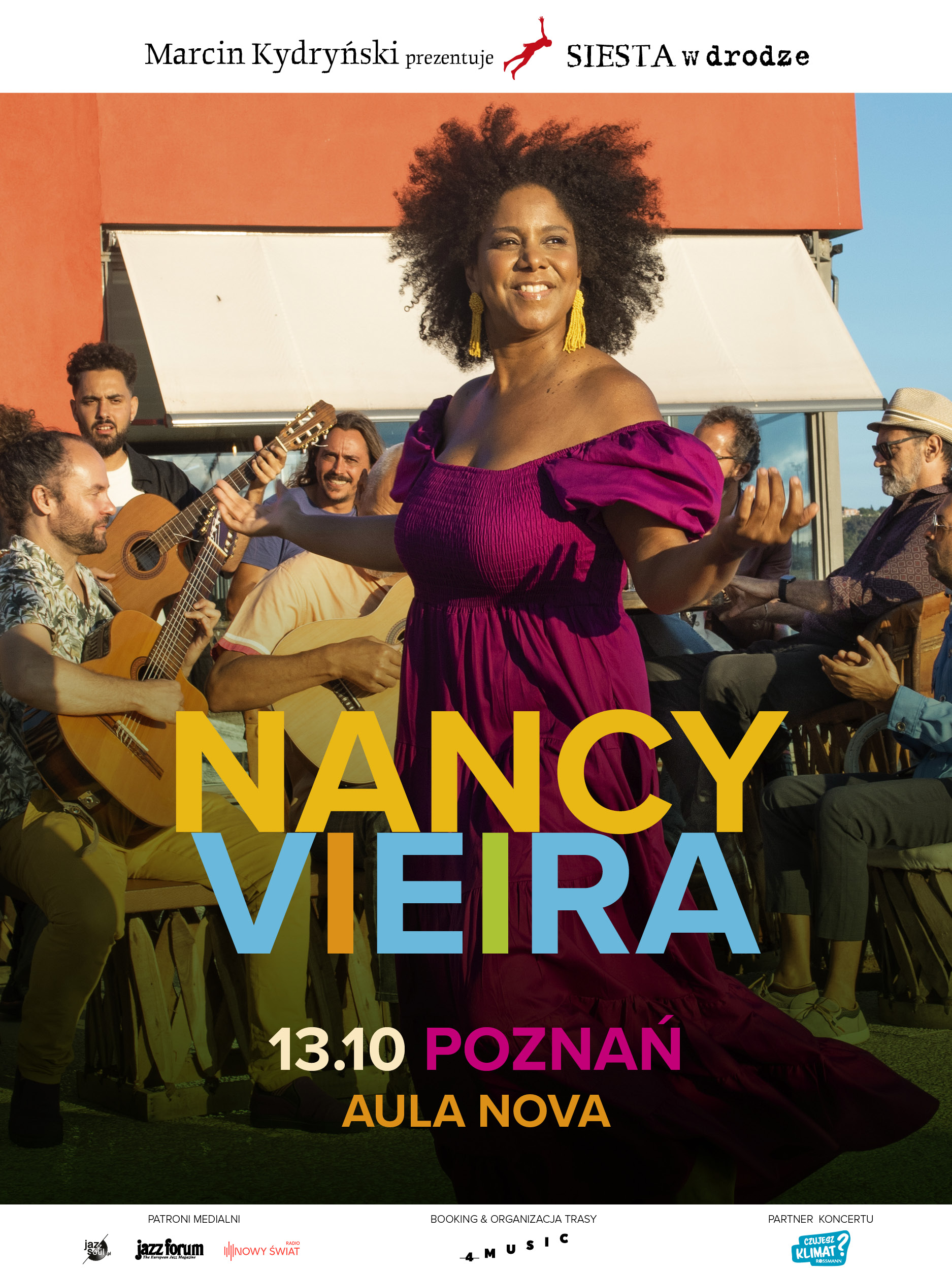 Plakat zawiera kolorowe zdjęcie artystki Nancy Vieira na tle ludzi i informacje na temat jej koncertu w Poznaniu 13 października 2024