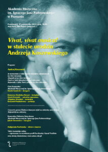 Nieibiesko-zielony plakat przedstawia zdjęcie mężczyzny - Ignacego Jana Paderewskiego, a na tle zdjęcia widnieją informacje o programie i koncercie