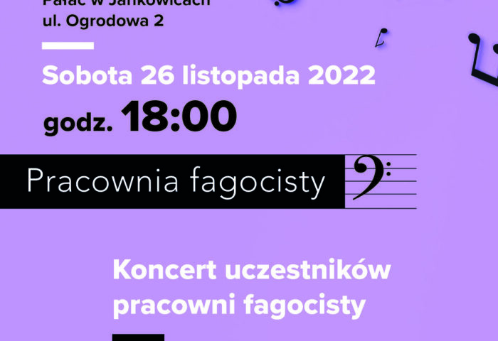 Na fioletowym tle znajdują się informacje na temat Koncertu uczestników Pracowni Fagocisty