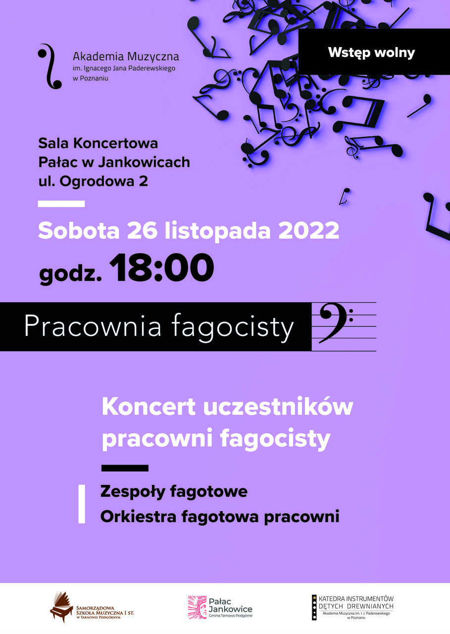Na fioletowym tle znajdują się informacje na temat Koncertu uczestników Pracowni Fagocisty