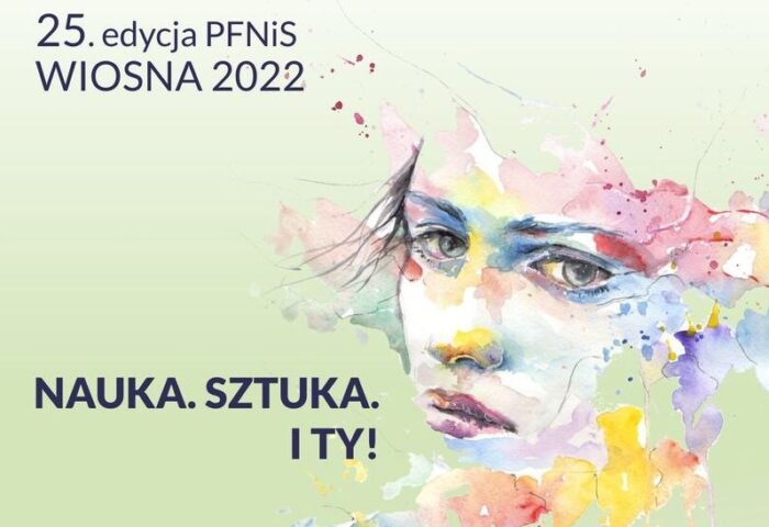 Rysunek przedstawia twarz kobiety na pastelowym tle. Poniżej zapisane są daty Poznańskiego Festiwalu Nauki i sztuki: 31 maja do 4 czerwca 2022