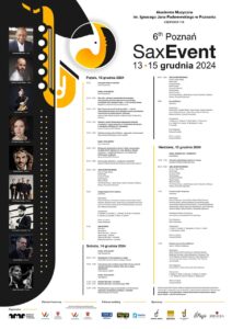 Plakat z logotypem Poznań SaxEvent 2024, zawiera harmonogram wydarzeń