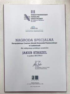 Zdjęcie dyplomu z Nagrodą specjalną dla Jakuba Staszla