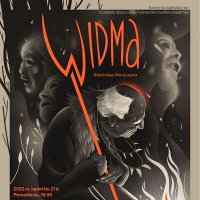 Plakat na przedstawienie Widma przedstawia postać starca z widłami i zwiera informacje w języku litewskim na temat przedstawienia, które ma się odbyć 21 listopada 2022