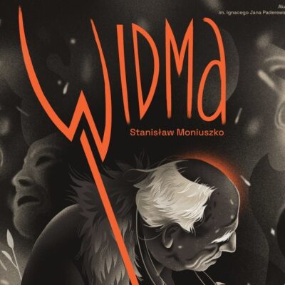 Fragment plakatu do spektaklu Widma - przedstawia postać starca z jakby widłami na ciemnym tle