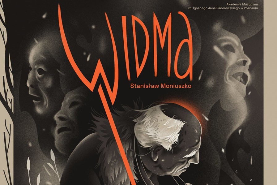 Fragment plakatu do spektaklu Widma - przedstawia postać starca z jakby widłami na ciemnym tle