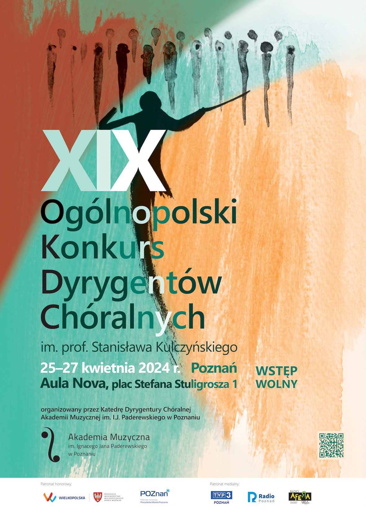 Plakat zawiera informacje na temat Konkursu Dyrygentów Chóralnych, który odbędzie się w Poznaniu w dniach 25-27 kwietnia 2024