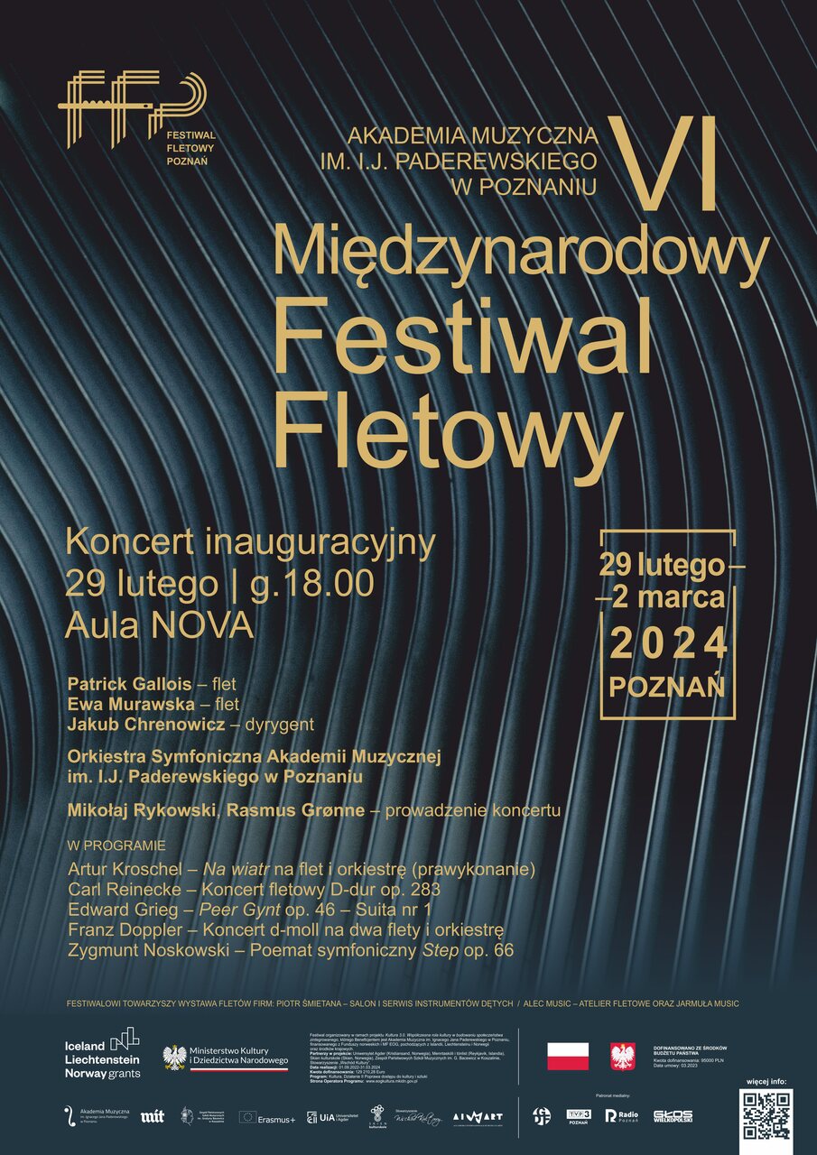 Afisz zawiera informacje na temat koncertu inauguracyjnego VI Festiwalu Fletowego