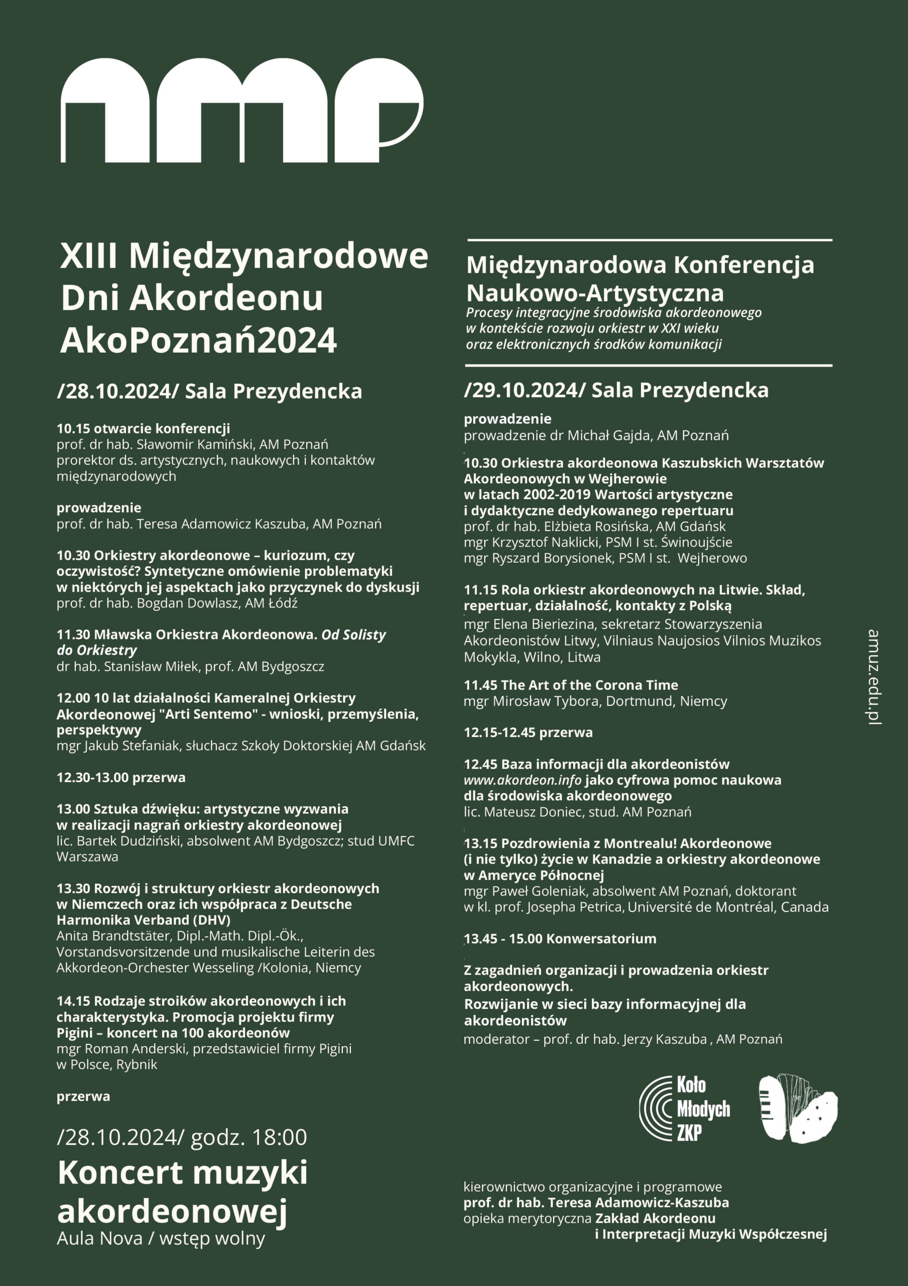 Ciemnozielony afisz zawiera informacje o wydarzeniu AkoPoznań 2024