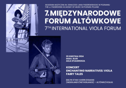 Baner zawiera zdjęcia wykonawców oraz informacje na temat koncertu Forum Altówkowego w dniu 22 kwietnia 2024