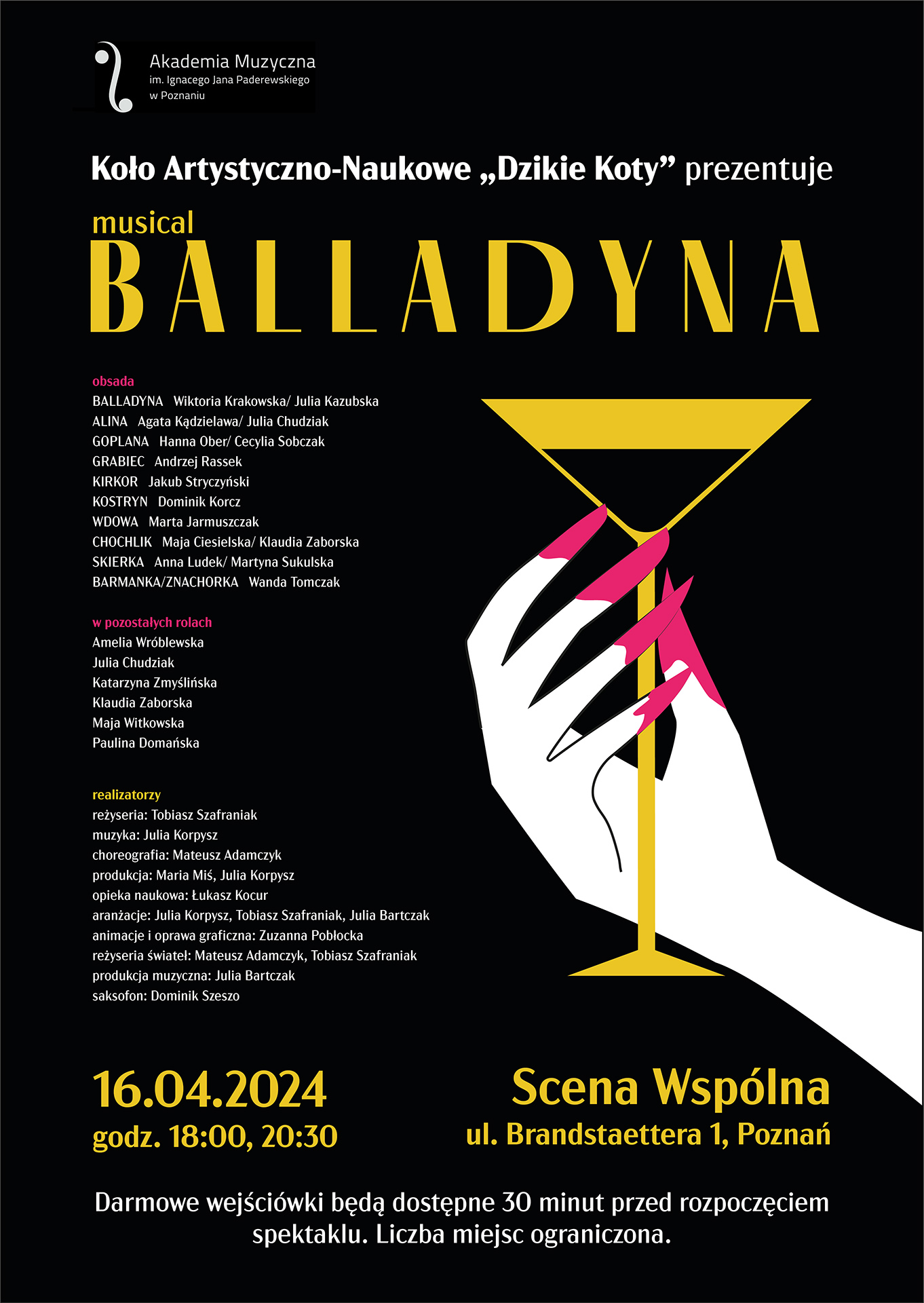 Plakat spektaklu "Balladyna" zawiera informacje o wydarzeniu w dniu 16 kwietnia 2024