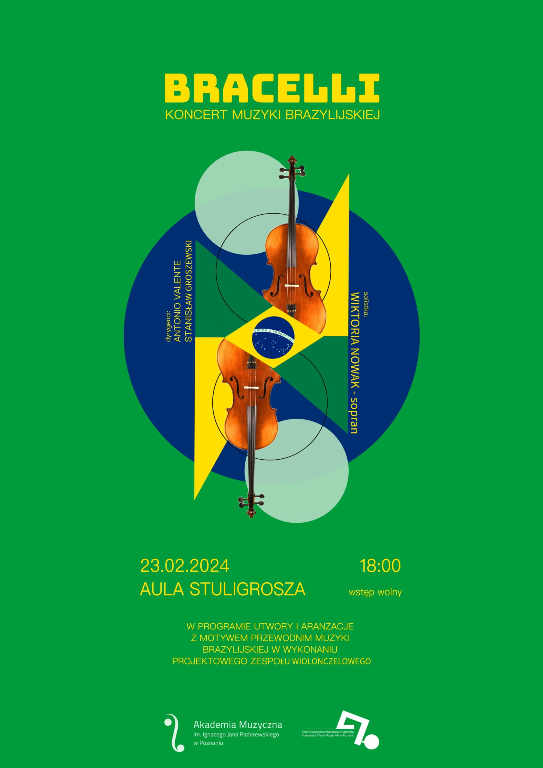 Afisz zapowiada koncert muzyki brazylijskiej pt. Bracelli w dniu 23.02.2024