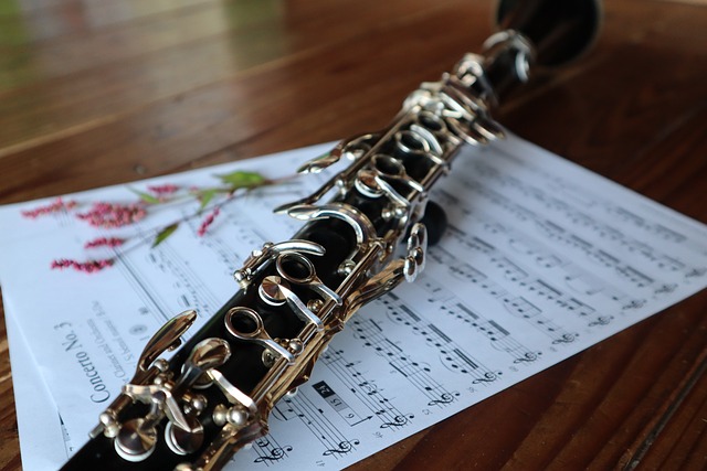 Zdjęcie przedstawia klarnet leżący na nutach koncertu i może zachęcać do przyjścia na audycje