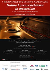 Plakat zawiera zdjęcie fragmentu wnętrza fortepianu oraz informacje o konkursie