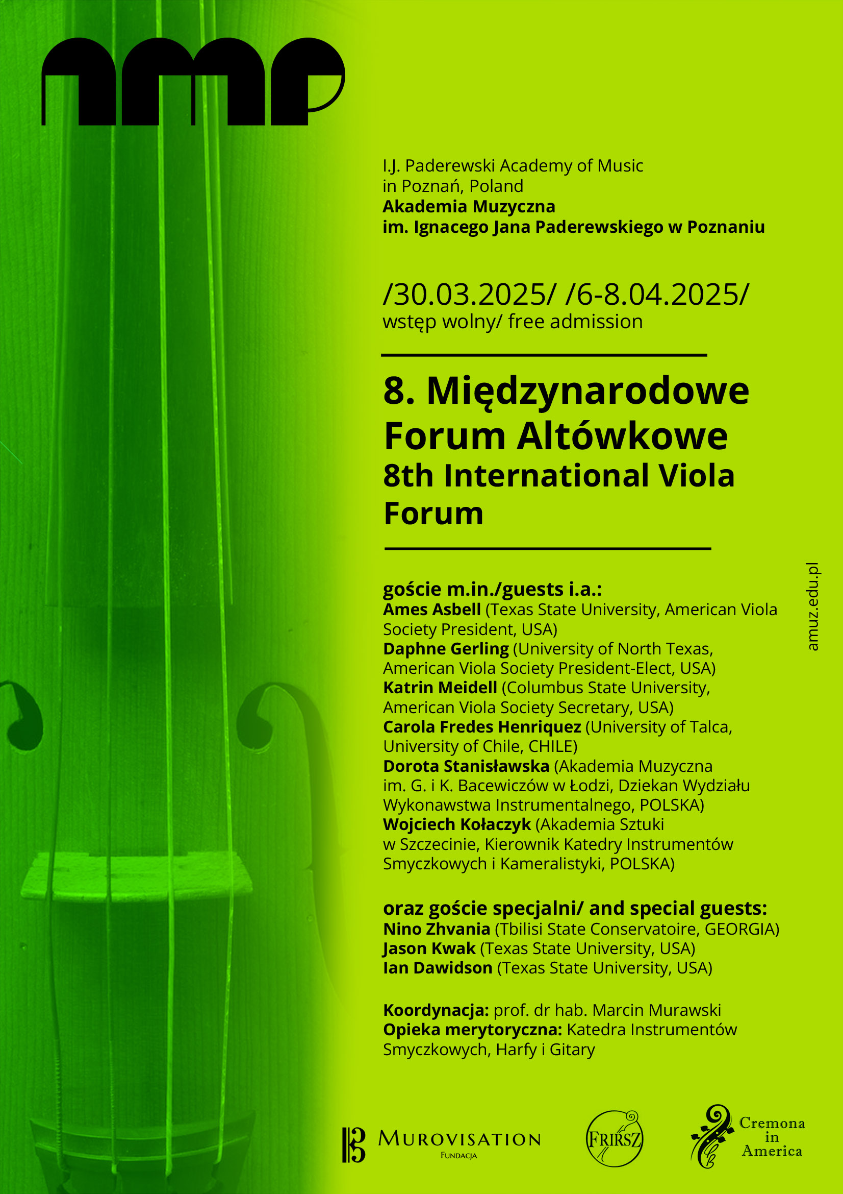 8. Międzynarodowe Forum Altówkowe - plakat zielony, zawiera nazwiska zaproszonych gości