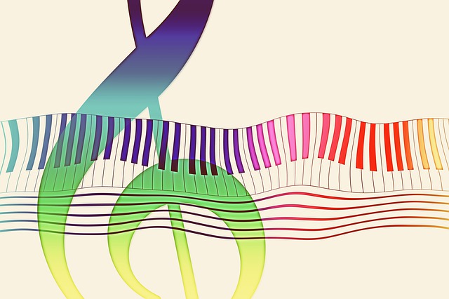 Kolorowy obrazek może przedstawiać klucz wiolinowy na tle falującego klawiatury fortepianu i pięciolinii