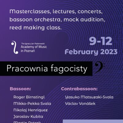 Fioletowy plakat pracowni fagocisty zawiera informacje w języku angielskim na temat Pracowni Fagocisty 2023