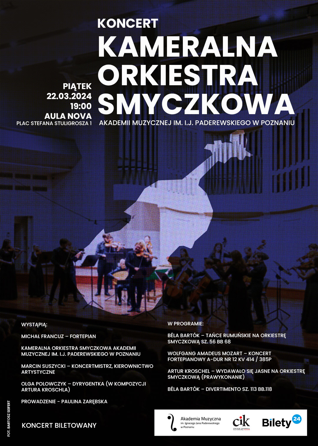Plakat zawiera informacje o koncercie Kameralnej Orkiestry Smyczkowej w dniu 22 marca 2024
