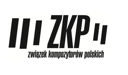 Składające się z pionowych kresek i liter logo Związku Kompozytorów Polskich - zawiera trzy litery: ZKP i pełną nazwię związku