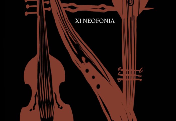 Ciemny plakat - na czarnym tle brązowe rysunki instrumentów - wiolonczela, gamba, harfa i informacje o wydarzeniach XI Neofonii