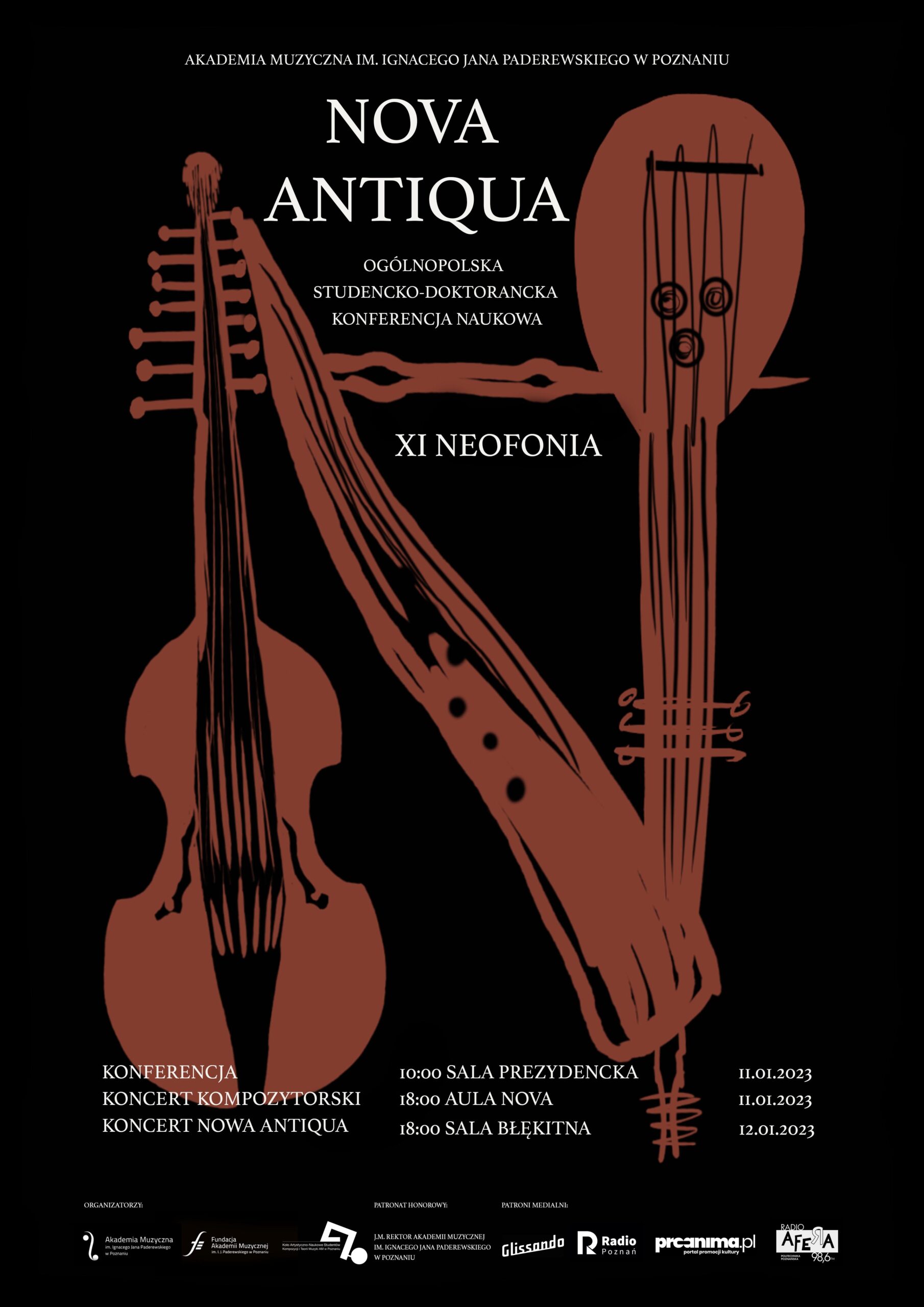 Ciemny plakat - na czarnym tle brązowe rysunki instrumentów - wiolonczela, gamba, harfa i informacje o wydarzeniach XI Neofonii