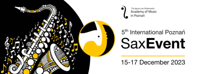 Baner zawiera informacje o dacie 5th International SaxEvent Poznań 2023 - na białym tle widać saksofon i czarno-żółto-białą ilustrację, która przedstawia saksofon i nuty
