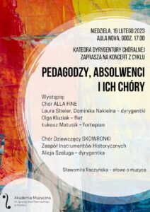 Otoczony kolorową obręczą afisz zawiera informacje na temat chórów występujących podczas koncertu Pedagodzy i ich chóry